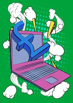 Cartoon Laptop, comic book Notebook with English Pound Sign. Retro vector c.. Stock Illustration