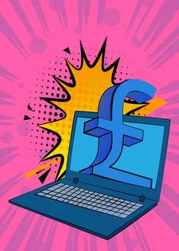 Cartoon Laptop, comic book Notebook with English Pound Sign. Retro vector c.. Stock Illustration