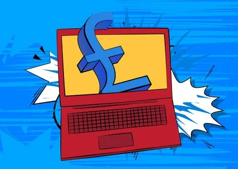 Cartoon Laptop, comic book Notebook with English Pound Sign. Retro vector c.. Stock Illustration