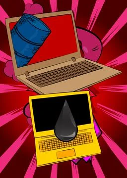 Cartoon Laptop, comic book Notebook with Oil Barrel and Oil Drop. Retro vec.. Stock Illustration