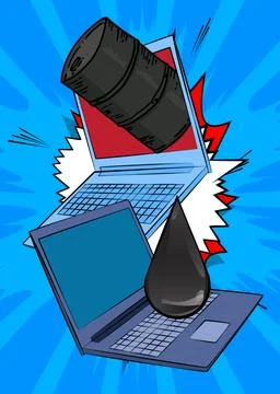Cartoon Laptop, comic book Notebook with Oil Barrel and Oil Drop. Retro vec.. Stock Illustration