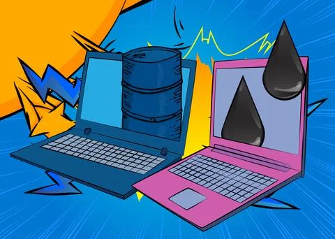 Cartoon Laptop, comic book Notebook with Oil Barrel and Oil Drop. Retro vec.. Stock Illustration