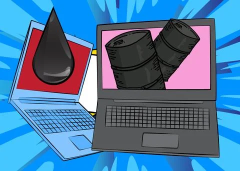 Cartoon Laptop, comic book Notebook with Oil Barrel and Oil Drop. Retro vec.. Stock Illustration