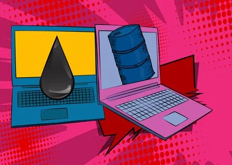 Cartoon Laptop, comic book Notebook with Oil Barrel and Oil Drop. Retro vec.. Stock Illustration
