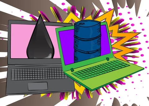 Cartoon Laptop, comic book Notebook with Oil Barrel and Oil Drop. Retro vec.. Stock Illustration