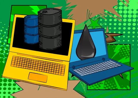 Cartoon Laptop, comic book Notebook with Oil Barrel and Oil Drop. Retro vec.. Stock Illustration