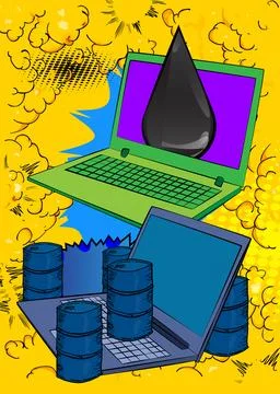 Cartoon Laptop, comic book Notebook with Oil Barrel and Oil Drop. Retro vec.. Stock Illustration