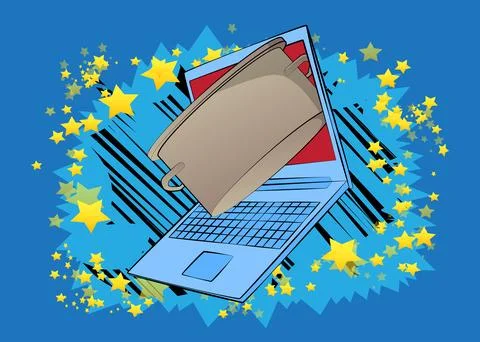 Cartoon Laptop, comic book Notebook with Kitchen Pot. Retro vector comics p.. Stock Illustration