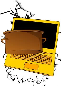 Cartoon Laptop, comic book Notebook with Kitchen Pot. Retro vector comics p.. Stock Illustration