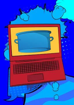Cartoon Laptop, comic book Notebook with Kitchen Pot. Retro vector comics p.. Stock Illustration