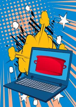 Cartoon Laptop, comic book Notebook with Kitchen Pot. Retro vector comics p.. Stock Illustration