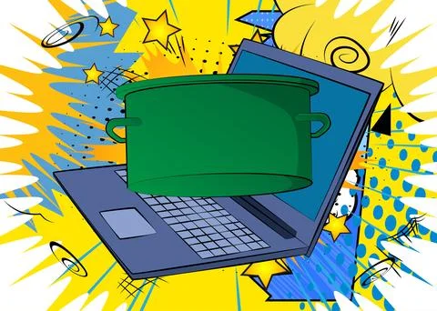 Cartoon Laptop, comic book Notebook with Kitchen Pot. Retro vector comics p.. Stock Illustration