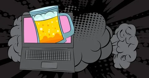 Cartoon Laptop, comic book Notebook with Mug of Beer. Retro vector comics p.. Stock-Illustration