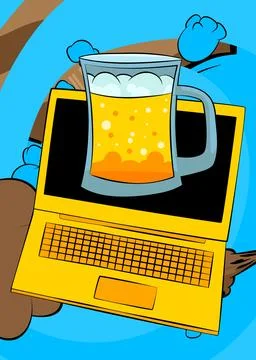 Cartoon Laptop, comic book Notebook with Mug of Beer. Retro vector comics p.. Stock-Illustration