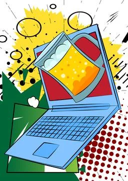 Cartoon Laptop, comic book Notebook with Mug of Beer. Retro vector comics p.. Stock-Illustration