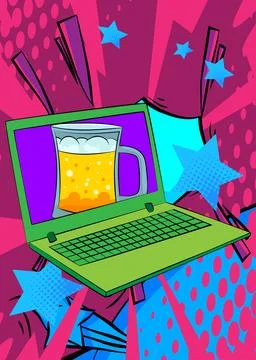 Cartoon Laptop, comic book Notebook with Mug of Beer. Retro vector comics p.. Stock-Illustration
