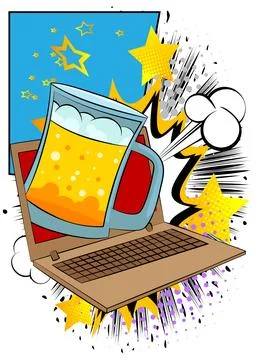 Cartoon Laptop, comic book Notebook with Mug of Beer. Retro vector comics p.. Stock-Illustration