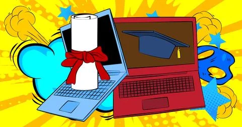 Cartoon Laptop, comic book Notebook with Graduation Cap and Rolled Up Diplo.. Stock Illustration