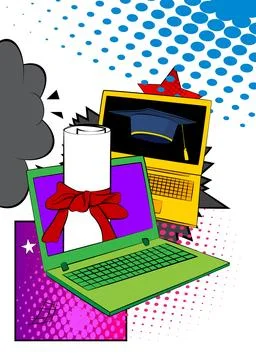Cartoon Laptop, comic book Notebook with Graduation Cap and Rolled Up Diplo.. Stock Illustration