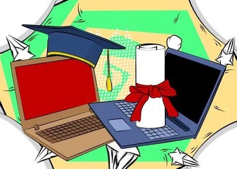 Cartoon Laptop, comic book Notebook with Graduation Cap and Rolled Up Diplo.. Stock Illustration