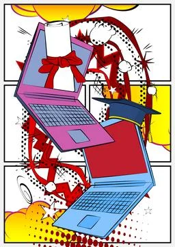 Cartoon Laptop, comic book Notebook with Graduation Cap and Rolled Up Diplo.. Stock Illustration