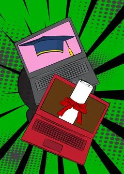 Cartoon Laptop, comic book Notebook with Graduation Cap and Rolled Up Diplo.. Stock Illustration