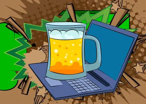 Cartoon Laptop, comic book Notebook with Mug of Beer. Retro vector comics p.. Stock Illustration