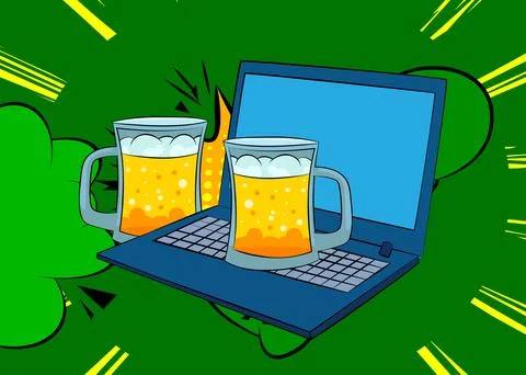 Cartoon Laptop, comic book Notebook with Mug of Beer. Retro vector comics p.. Stock Illustration