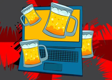 Cartoon Laptop, comic book Notebook with Mug of Beer. Retro vector comics p.. Stock Illustration