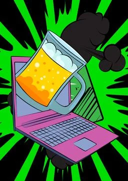 Cartoon Laptop, comic book Notebook with Mug of Beer. Retro vector comics p.. Stock Illustration