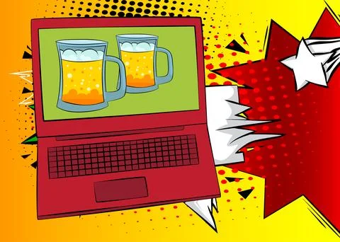 Cartoon Laptop, comic book Notebook with Mug of Beer. Retro vector comics p.. Stock Illustration