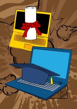 Cartoon Laptop, comic book Notebook with Graduation Cap and Rolled Up Diplo.. Ilustración de archivo