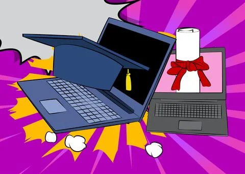 Cartoon Laptop, comic book Notebook with Graduation Cap and Rolled Up Diplo.. Ilustración de archivo