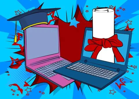 Cartoon Laptop, comic book Notebook with Graduation Cap and Rolled Up Diplo.. Ilustración de archivo