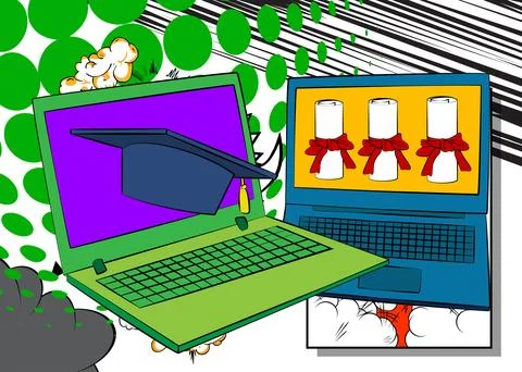 Cartoon Laptop, comic book Notebook with Graduation Cap and Rolled Up Diplo.. Illustrazione stock