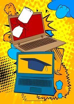 Cartoon Laptop, comic book Notebook with Graduation Cap and Rolled Up Diplo.. Ilustración de archivo