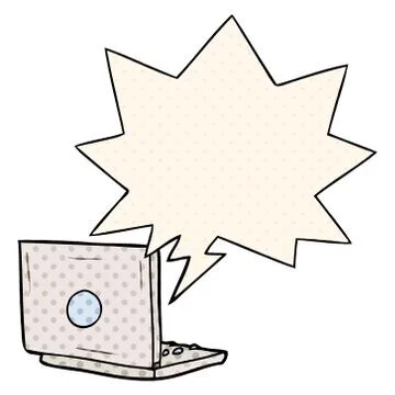 Cartoon laptop computer and speech bubble in comic book style Stock Illustration