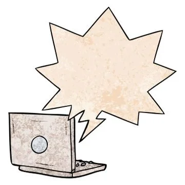 Cartoon laptop computer and speech bubble in retro texture style Stock Illustration