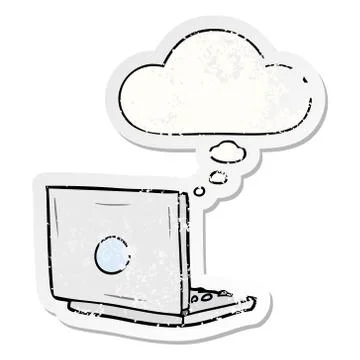 Cartoon laptop computer and thought bubble as a distressed worn sticker 스톡 일러스트
