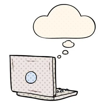 Cartoon laptop computer and thought bubble in comic book style 스톡 일러스트