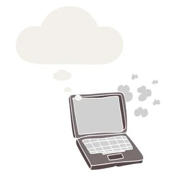 Cartoon laptop computer and thought bubble in retro style 스톡 일러스트