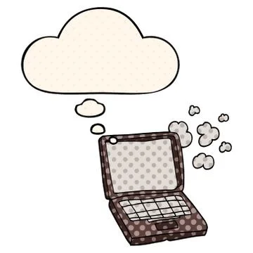 Cartoon laptop computer and thought bubble in comic book style Stock Illustration