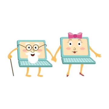 Cartoon laptop computer characters, young and old Stock Illustration