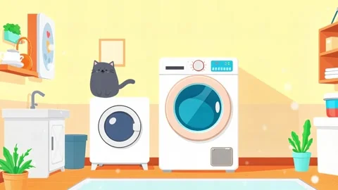 Cartoon Laundry Scene with Curious Cat: A Bright and Playful Interior View Stock Footage 307978860