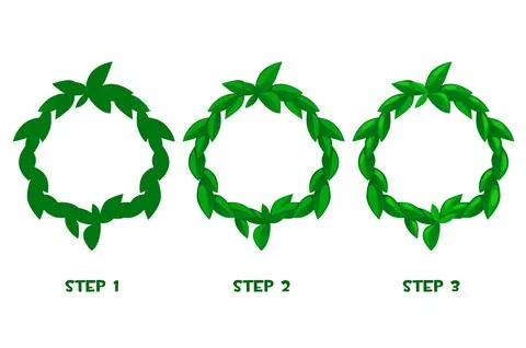 Cartoon leaf frames, green pattern in 3 steps for ui games. Stock Illustration