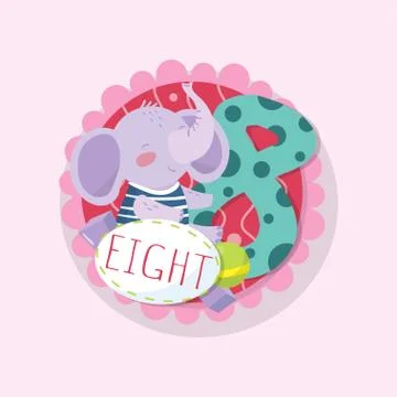 Cartoon learning card with cute elephant and number 8 eight . Round emblem in Stock Illustration