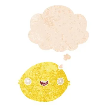 Cartoon lemon and thought bubble in retro textured style Stock Illustration