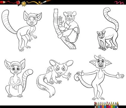Cartoon lemurs wild animals comic characters set coloring page Ilustración de archivo