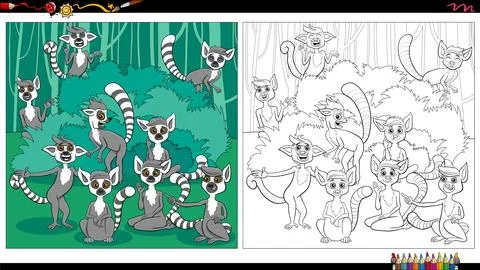 Cartoon lemurs wild animals comic characters group coloring page Ilustración de archivo