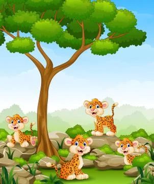 Cartoon leopard group in the jungle Stock Illustration